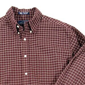 JOHN ASHFORD Men's Shirt Large Brick Red Checker Long Sleeve Button Down